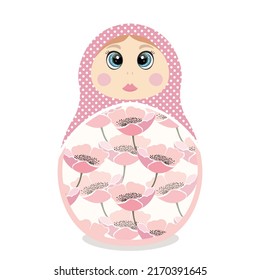 Russian Matryoshka. Traditional Russian folklore dolls with big eyes and lips. Babushka doll with hohloma, traditional painted floral pattern. Hand drawn vector illustration.