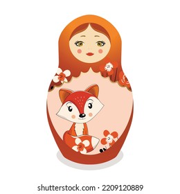 Russian Matryoshka. Traditional Russian folklore dolls with big eyes and lips. Babushka doll with hohloma, traditional painted floral pattern. Hand drawn vector illustration.