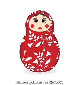 Russian Matryoshka. Traditional Russian folklore dolls with big eyes and lips. Babushka doll with hohloma, traditional painted floral pattern. Hand drawn vector illustration.