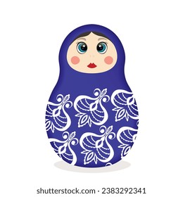 Russian Matryoshka. Traditional Russian folklore dolls with big eyes and lips. Babushka doll with hohloma, traditional painted floral pattern. Hand drawn vector illustration.