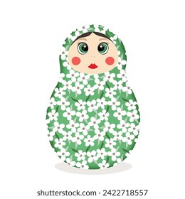 Russian Matryoshka. Traditional Russian folklore dolls with big eyes and lips. Babushka doll with hohloma, traditional painted floral pattern. Hand drawn vector illustration.