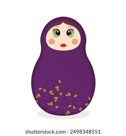 Matrioska rusa. Muñecas tradicionales del folclore ruso con ojos y labios grandes. Muñeca Babushka con hohloma, tradicional patrón floral pintado. Ilustración vectorial dibujada a mano.