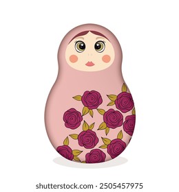 Matrioska rusa. Muñecas tradicionales del folclore ruso con ojos y labios grandes. Muñeca Babushka con hohloma, tradicional patrón floral pintado. Ilustración vectorial dibujada a mano.