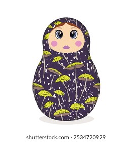 Matrioska rusa. Muñecas tradicionales del folclore ruso con ojos y labios grandes. Muñeca Babushka con hohloma, tradicional patrón floral pintado. Ilustración vectorial dibujada a mano.