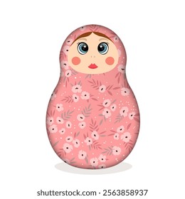 Russian Matryoshka. Traditional Russian folklore dolls with big eyes and lips. Babushka doll with hohloma, traditional painted floral pattern. Hand drawn vector illustration.