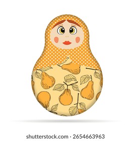 Matriosca Russa. Bonecas tradicionais do folclore russo com grandes olhos e lábios. Boneca Babushka com hohloma, padrão floral pintado tradicional. Ilustração de vetor desenhada à mão.
