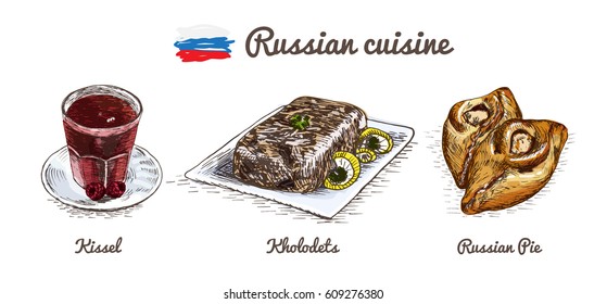 Russian menu colorful illustration. Vector illustration of Russian cuisine.
