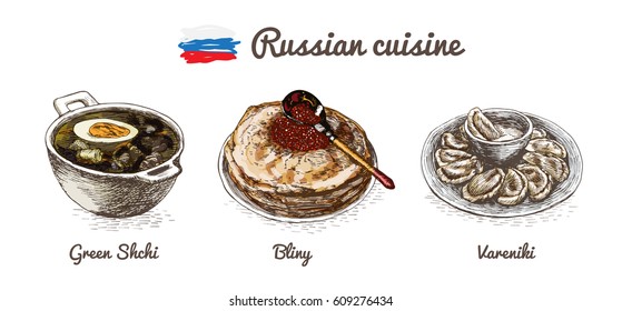 Russian menu colorful illustration. Vector illustration of Russian cuisine.