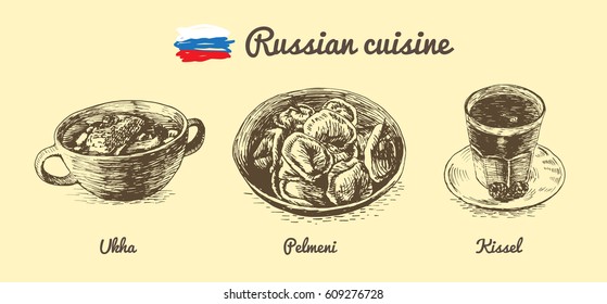 Russian menu monochrome illustration. Vector illustration of Russian cuisine.