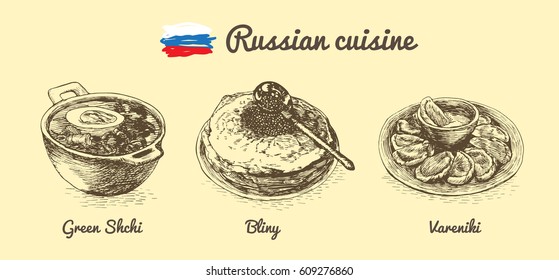 Russian menu monochrome illustration. Vector illustration of Russian cuisine.
