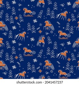 Russian Mezen folk ornament with a horse and plant motifs. Seamless pattern. 2d vector illustration; eps 8