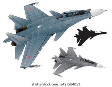 Russian Mig29 Twin engine jet fighter dark gray image illustration (monotone, black silhouette set)