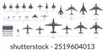 Russian military aircrafts icon set. Fighters and bombers silhouette on white background. Vector illustration