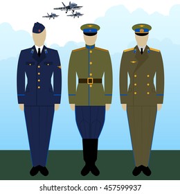 Russian military pilots in uniform against the background of military aircraft. The illustration on a white background.