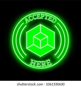 Russian Miner Coin (RMC) green  neon cryptocurrency symbol in round frame with text "Accepted here". Vector illustration isolated on black background