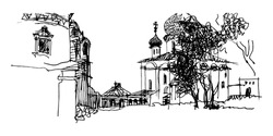 Russian Monastery Back Yard, Church With Wooden Shingles On The Onion Domes, Old Houses Ruins. Black And White Vector Traced Ink And Pen Drawing 