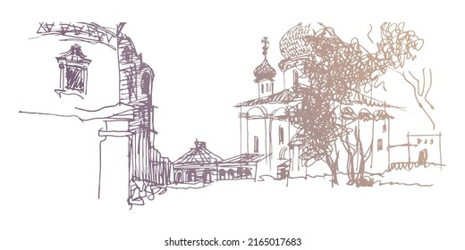 Russian monastery back yard, church with wooden shingles on the onion domes, old houses ruins. Gold colored vector traced drawing 