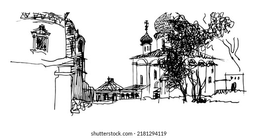 Russian monastery back yard, church with wooden shingles on the onion domes, old houses ruins. Black and white vector traced ink and pen drawing 