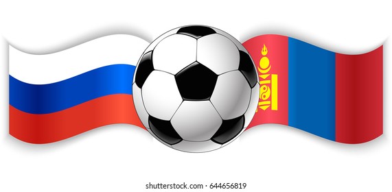 Russian and Mongolian wavy flags with football ball. Russia combined with Mongolia isolated on white. Football match or international sport competition concept.
