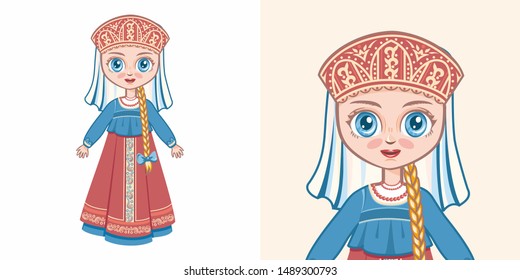 Russian national costume. Girl in ethnic clothes of Russia