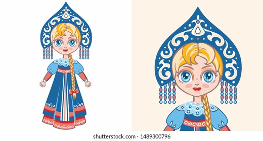 Russian national costume. Girl in ethnic clothes of Russia