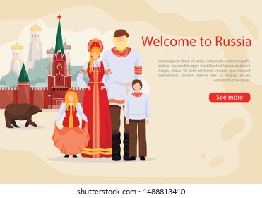 Russian in National Costume on Background Kremlin and Bear. Vector Illustration. Welcome to Moscow. Travel and Tourism. Travel Agency. Choosing Travel Online. Unforgettable Voyage. Menu Website.