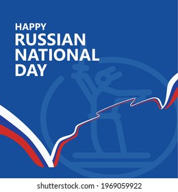 Russian national day greeting card for social media post with a long and wavy flag of Russia.