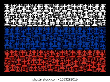 Russian National Flag composition combined of cemetery pictograms. Vector cemetery pictograms are organized into geometric Russia flag illustration.