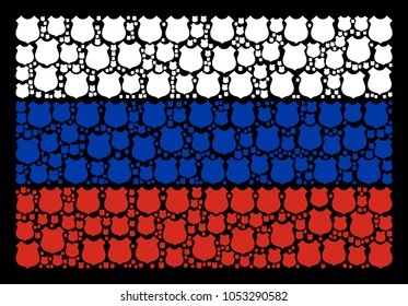 Russian National Flag pattern created of police shield elements. Vector police shield elements are combined into mosaic Russia flag pattern.