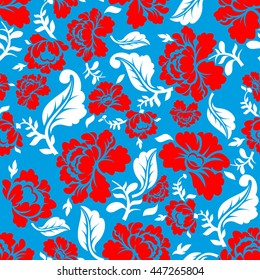 Russian national flower pattern. Colors of Russia flag. Tricolor: red, blue and white. Patriotic floral ornament. Historic traditional decorative cultural texture