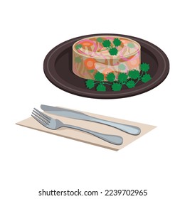 Russian national food. Aspic. Meat broth in the form of jelly with pieces of meat and vegetables.