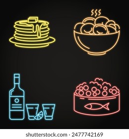 Russian national food neon icon set. Pancakes, red caviar, pelmeni and vodka. Vector illustration.