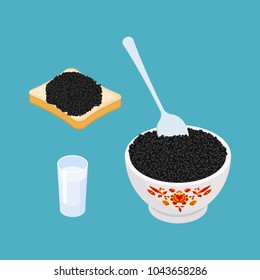 Russian national food set. Black caviar and glass of vodka. Sandwich with black quill