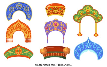 Russian national lady hat flat item set. Cartoon kokoshniks for ethnic folk costume isolated vector illustration collection. Headdress and Russia concept