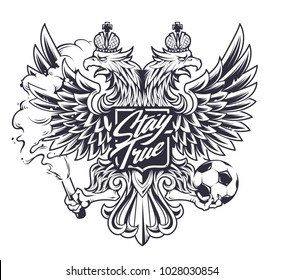 Russian national symbol two-headed eagle with football fan attributes: fire and ball. Soccer fan emblem.