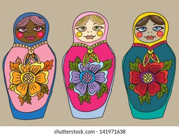 Russian nested doll, Matrioshka, Babushka doll, Russian color Souvenir collection, vector