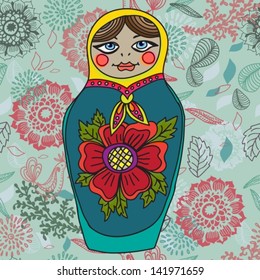 Russian nested doll, Matrioshka, Babushka doll, Russian color Souvenir over floral background, vector