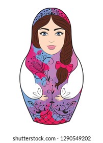 Russian nested doll (matryoshka) with a modern girl's face on white background