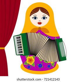 Russian nesting doll with accordion on stage. The illustration on a white background.