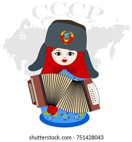 Russian nesting doll with accordion on a background map of Russia. The inscription in Russian. USSR, Union of Soviet Socialist Republics. The illustration on a white background.