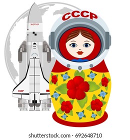 Russian nesting doll astronaut and rocket on a background of the Earth. The inscription on the USSR helmet in Russian means: Union of Soviet Socialist Republics.
