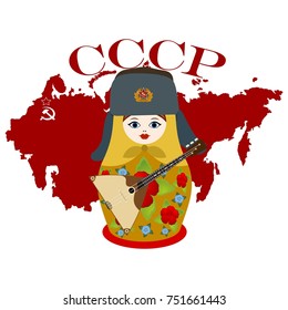 Russian nesting doll with a balalaika on a background map of Russia. Abbreviation in Russian. The Soviet Union means the Union of Soviet Socialist Republics. The illustration on a white background.