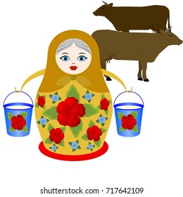 Russian nesting doll with buckets of milk on a background of dairy cows. The illustration on a white background.