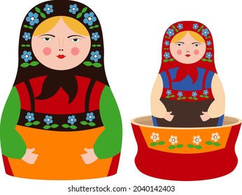 Russian nesting doll closeup. Wooden girl image Matryoshka toy icon vector illustration. Set of two.