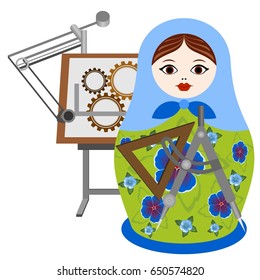 Russian nesting doll designer with measuring and drawing instruments on a background of the drawing. The illustration on a white background.