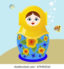 Russian nesting doll in a diving helmet among the marine life.