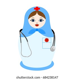 Russian nesting doll in a doctors uniform with a stethoscope. The illustration on a white background.