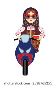 Muñeca rusa anidando con gafas junto a una motocicleta.
En una mano tiene un recuerdo, en la otra tiene una motocicleta. Voy a viajar. Para llevar un regalo a los amigos. Ilustración vectorial digital.
