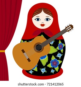 Russian nesting doll with a guitar on the stage. The illustration on a white background.