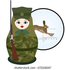 Russian nesting doll hunter on a background of sniper scope and a running hare. The illustration on a white background.